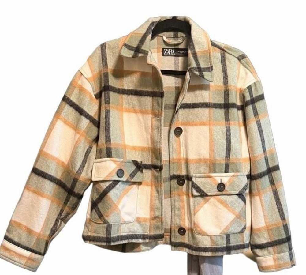Zara Check Overshirt With Patch Pockets Plaid Cropped Jacket